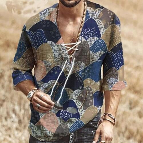 Men Fashion Half Sleeve V Neck Floral Print Chest Lace-up Shirt T-shirt Top