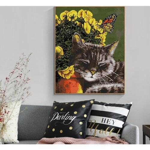 Sleeping Cat and Flower Counted Cross Stitch Kit Chinese Printed DIY Embroidery Needlework Set Decorative Paintings DA469