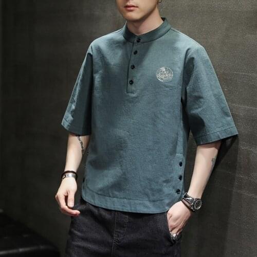 2021 New Chinese Style Men Tops Tang Suit Linen Short Sleeve Solid Traditional Kung Fu Clothes Hanfu Shirt Plus Size M-5Xl 31160