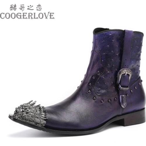 Autumn and winter Short boots man Ostrich pattern Rivet Chelsea boots Metal Tip Red Fashion boots Belt buckle Short boots