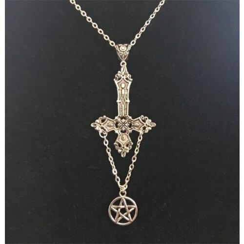 Inverted cross and pentagram necklace satanic necklace, occult jewellery upside down cross gothic, punk