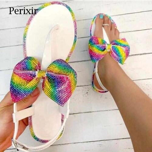 Perixir Designed Womens Bowknot Rhinestone Outer Slippers Candy 2021 Summer New Open Square Toe Muller Beach Shoes Size 37-41