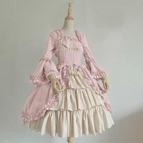 Medieval gothic palace sweet lolita dress vintage lace bowknot square collar flare sleeve high waist victorian dress kawaii girl