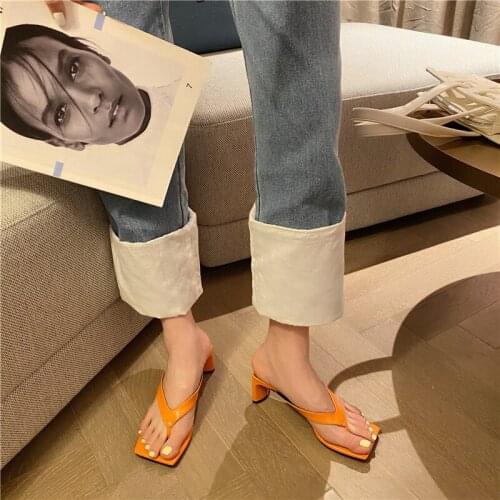 Summer Sandal Slip On Flip Flop Ladies Thin High Heels Slides Elegant Ladies Shoes Party Slides 2021 New orange Women Slippers