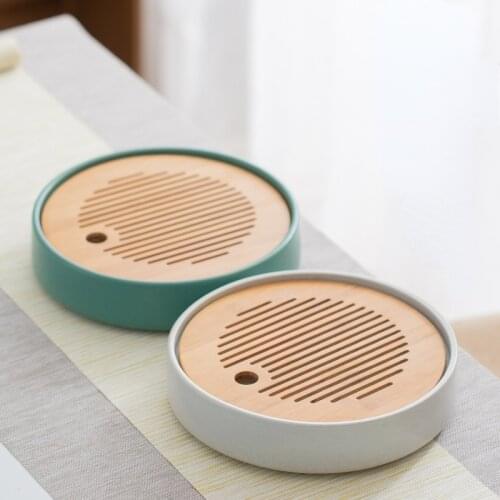 Modern Chinese Tea Tray Drainage Bamboo Round Wooden Table Tea Tray Decoracion Storage Plateau Rond Bois Home Decor ZP50CP
