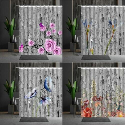 Old Fashioned Wood Grain Flowers Shower Curtains Bathtub Decoration Bathroom Screen Multiple Size Bath Curtain With Hooks