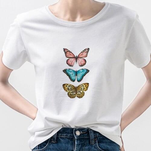 2021 Street Fashion Women Three Beautiful Butterflies Graphic Printed Loose T Shirts Casual Pop Minimalism Oversize T-shirts