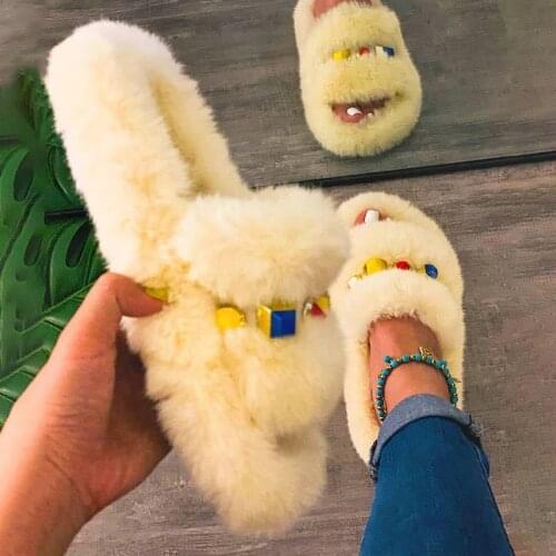 2020 Women Fur Slippers Summer Sandals Fur Slides For Women Big Size 43 Fluffy Home Flat Female Shoes Indoor Women' Casual Shoes