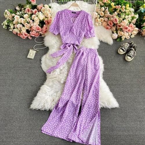 Women 2021 Summer Two Piece Set Female Print V-neck Short Sleeve Crop Top and High Waist Wide Leg Pants Fashion 2 Piece Sets Y12