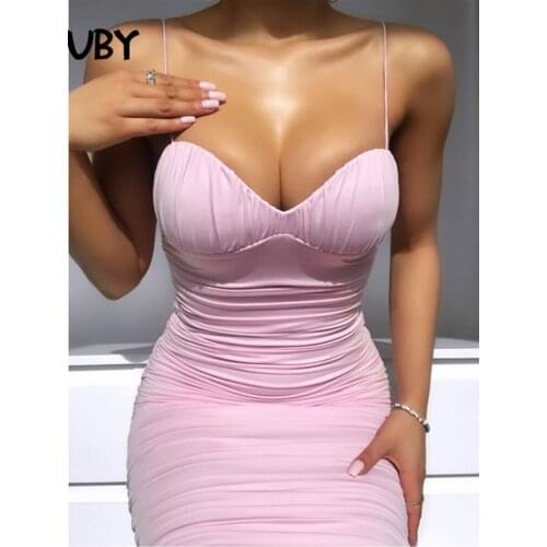 DGIRL Elegant Pink Double Layers dress women With Pad Ruched Spaghetti straps Sexy Dress Sleeveless Vestido Summer Bodycon Dress