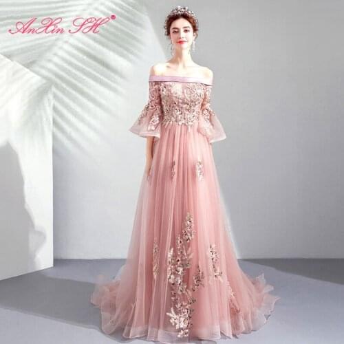 AnXin SH flower pink lace evening dress vintage bride boat neck dinner illusion beading crystal pink lace evening dress 8186