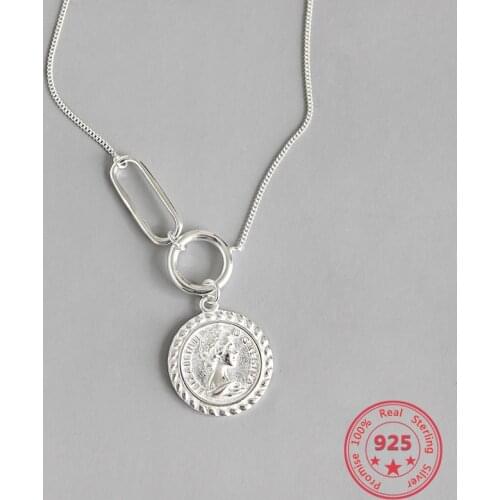 S925 Sterling Silver Fine Necklaces Retro Simple Elizabeth Coin Pendant Fashion Adjustable Necklaces Chain Women Female Jewelry