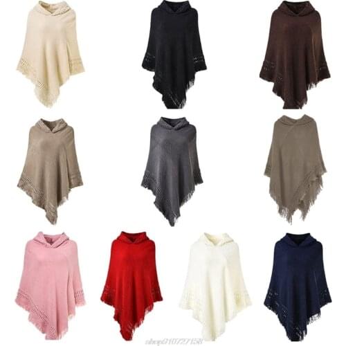 Women Winter Knitted Hooded Poncho Cape Solid Color Crochet Fringed Tassel Shawl Wrap Oversized Pullover Cloak JY08 21 Dropship