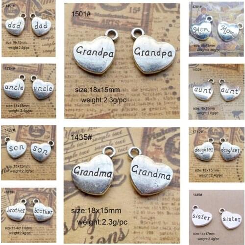 25pcs/lot Antique Silver Heart Charms Grandpa,Grandma,Daughter,Son,Mon,Dad,Brother,Sister,Uncle,Aunt Letter Charms