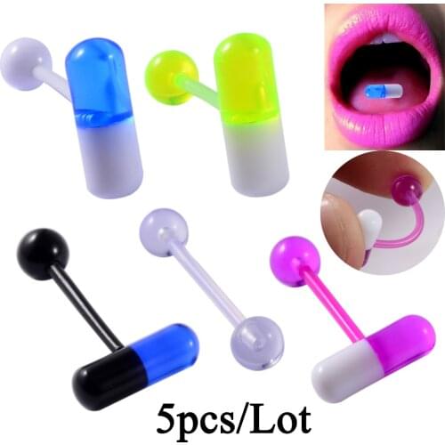 5pcs/lot Punk Flexible Tongue Piercing Acrylic Screw Bioplast Pill Shape Sexy Unisex Body Piercing Jewelry 14G New Design
