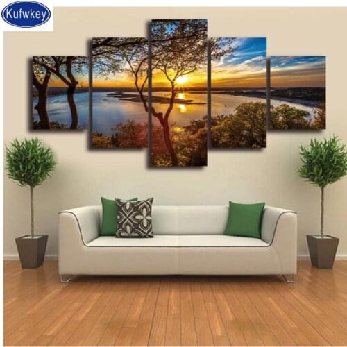 5 Panels Sunrise Tree lake diamond painting full square stones 5d diamond mosaic round drill stitch diamond embroidery Landscape