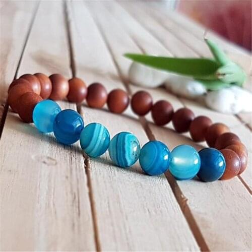 8mm Blue Agate Sandalwood Handmade Mala Bracelet Prayer Japa Chakra Meditation Retro Yoga