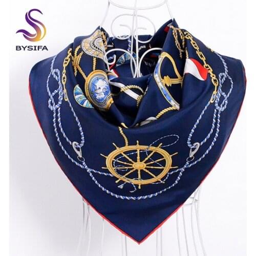 [BYSIFA] Navy Blue Women Silk Scarf Shawl Wraps New Design Brand Chain Flowers Ladies Twill Square Scarves For Winter Bufandas