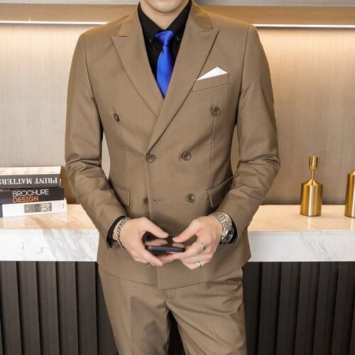 Formal Sets Solid Suit Jacket with Pant Double Breasted Tuxedo Suit Men Business Work Wedding Slim Fit Korean Casual Clothing