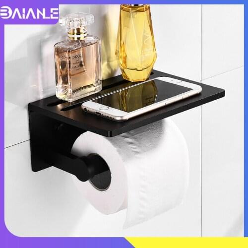 Toilet Paper Holder with Shelf Black Aluminum Bathroom Toilet Roll Paper Holder Wall Mounted Multi-function Mobile Phone Shelves