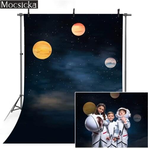 Blue Starry Sky Universe Backdrop Little Astronaut Birthday Portrait Background for Photo Studio Planet Adventure Photocall Prop