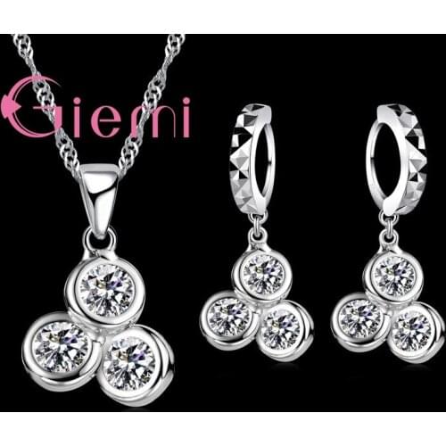 Vogue Geometric Bridal Jewelry Sets 925 Sterling Silver 3 Round Clear Cubic Zircon Stones Modern Necklace Hoop Earrings