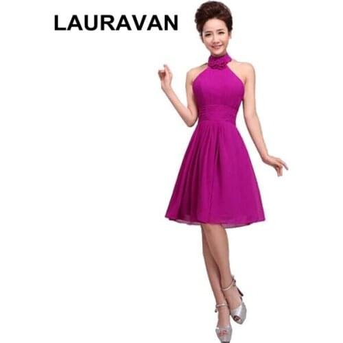 Short simple knee length size 6 semi formal sexy deep purple blue hot pink yellow halter neck short fitted prom dresses 2020