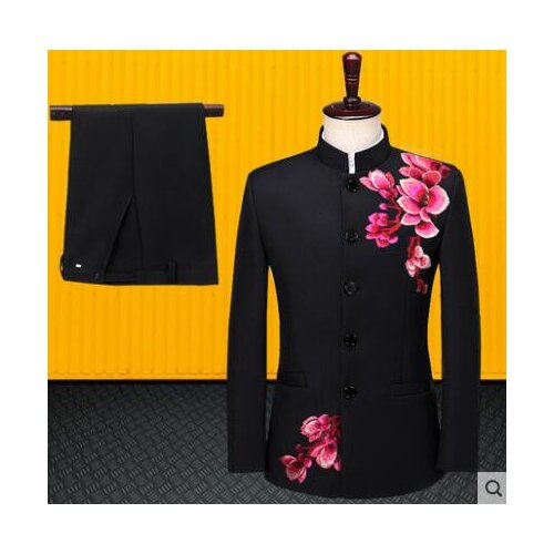 Stage Chinese tunic suit men blazer set with pants mens wedding suits embroidery flower singer formal dress mens groom suit