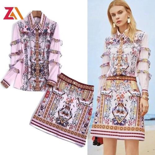 Designer Spring New WomenS Suit Ruffled Patchwork Single Breasted Shirt + Button Decoration Skirt Fashion Print Two-Piece Set