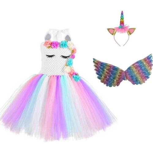 Halloween Purim Costumes Mesh Cosplay Unicorn Tutu Dress for Girls Kids Birthday Party Unicorn Costume Outfit With Headband Wing