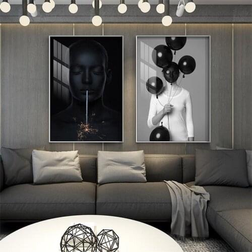 Beauty Black And White Woman Holds Balloon Canvas Painting Posters Prints Paintings Creative Pictures Pub Home Living Room Decor