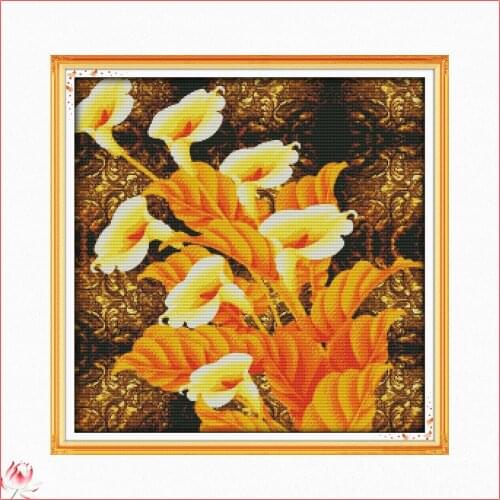 Golden Calla Lily Flower 11CT 14CT Cross Stitch Set DIY Counted Cross Stitch Kit Embroidery Needlework Home Deco