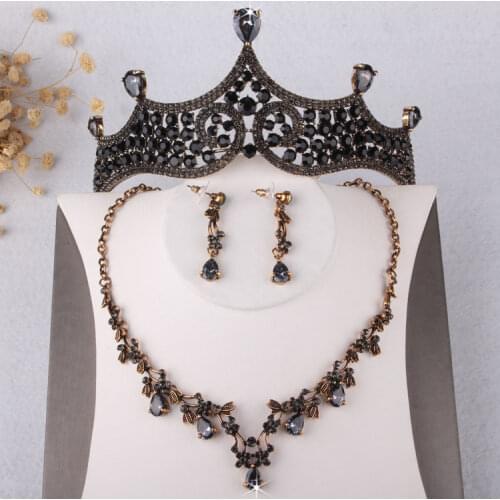 Baroque Vintage Gold Black Crystal Bridal Jewelry Set Rhinestone Tiara Crown Necklace Earring Wedding African Beads Jewelry Sets