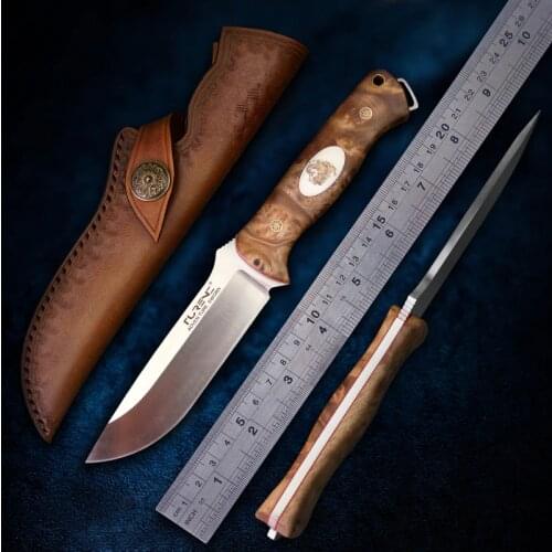 TURENZ-Bushcraft Knife Full Tang A2 Steel Burl Wood Handle Fixed Blade Hunting Knife with Sheath Outdoor Camping Survival Tool