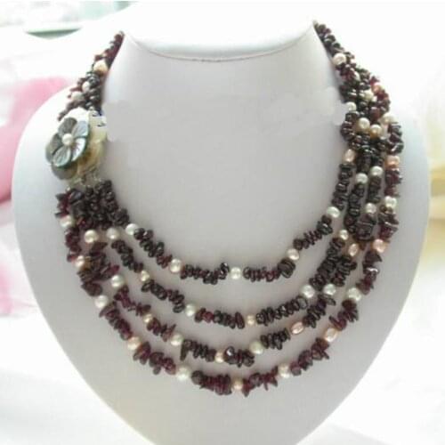 New Unique Pearl Jewelry Stunning 4 Rows White Pink Freshwater Pearls Red Garnet Necklace Shell Flower Clasp Fine Women Gift
