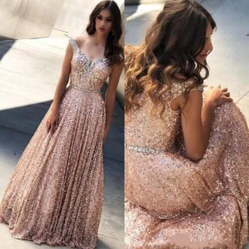 Rose Gold Off The Shoulder Prom Dresses 2021 Full Sequins A LineLong Beaded Floor Length Party Wear Gowns Evening Dresses