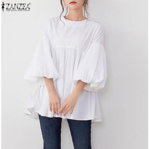 Plus Size Tunic Womens Solid Blouses ZANZEA 2021 Fashion Spring Pleated Shirts Casual Puff Sleeve Blusas Female O Neck Tops