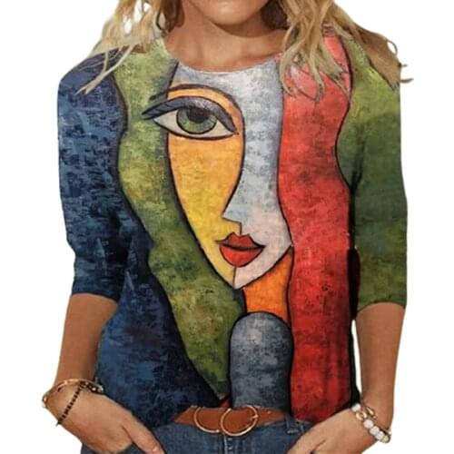 2021 Autumn Abstract Character Print O Neck Long Sleeved Top Women Casual Loose Vintage Oversize Fashion Large Size Tshirt Shirt