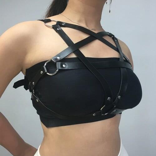 BAFEI Black Pentagram Cage Bra Punk Leather Harness Women Body Stocking Bondage Lingerie Sexy Chest Belt Fetish Pastel Goth Crop