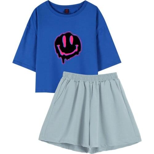 Gothic Graphic Blue Tshirt Cotton Women Shorts New O Neck Plus Size Short Sleeve Top Sexy Women Crop Tops Pajama Sets Sleepwear