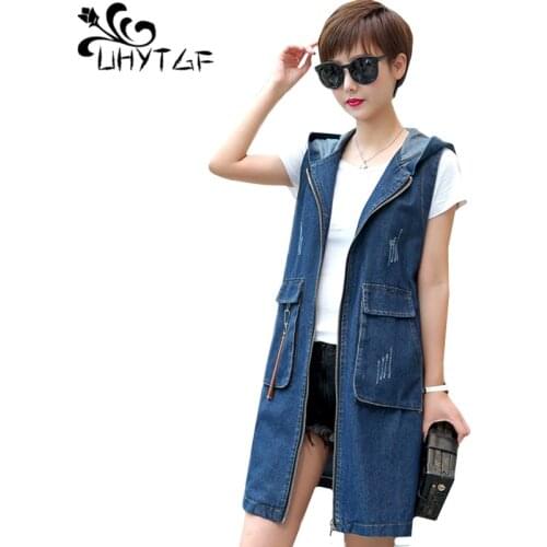 UHYTGF Spring autumn denim vests for women Fashion hooded sleeveless vest waistcoat temperament loose5XL plus size jeans vest 62