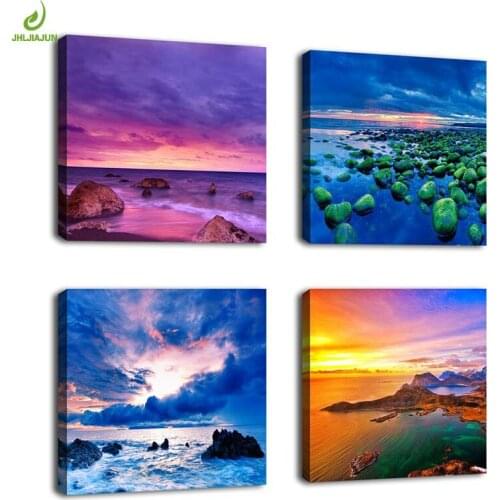 JHLJIAJUN 4 Piece Pink Clouds Sea View Canvas Decoration Home Modular Picture Art Decorative Home Decor Nordic Picture