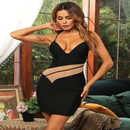 KLEEZY New Fashion Sexy Bodycon Mesh Deep V Neck Strap Mini Dress Bandage Backless Dresses Night Club Party Women Wearing HL5574