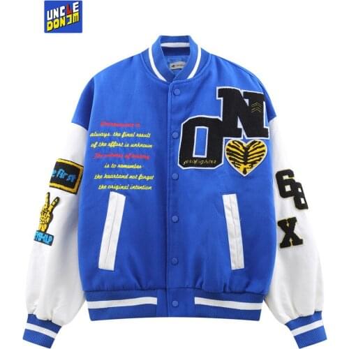 UNCLEDONJM Letter embroidery men baseball jacket color block PU leather sleeve jacket hip hop bomber jacket 311