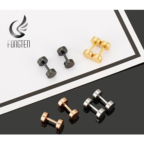 Fongten Wholesale Dumbbell Punk Stud Black Stainless Steel Barbell Earrings For Men and Women Gothic Street Hip Hop Jewelry