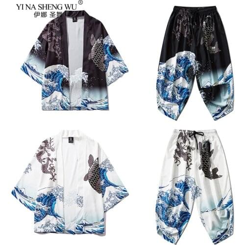 Men Japanese Kimono Traditional Casual Loose Thin a Set of Coat and Pants Asian Clothes Harakuju Fish Print Kimono Cardigan