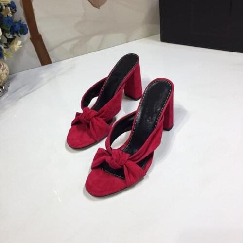 Suede Slides Women Bow Tie Decor High Heels Mules Female Shoes New Design Slippers Real Leather Luxury Brand Fashion Woman Shoe