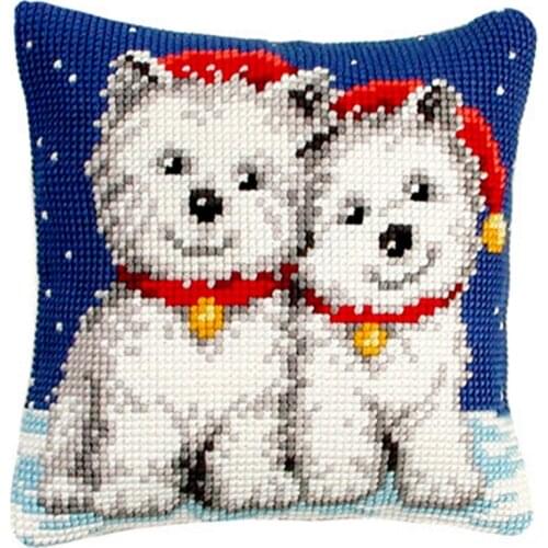 Cross Stitch Cushion Cover Christmas Westie Needlepoint Kits Printed Canvas Chunky Yarn Cross-stitch Pillow Case Arts & Crafts