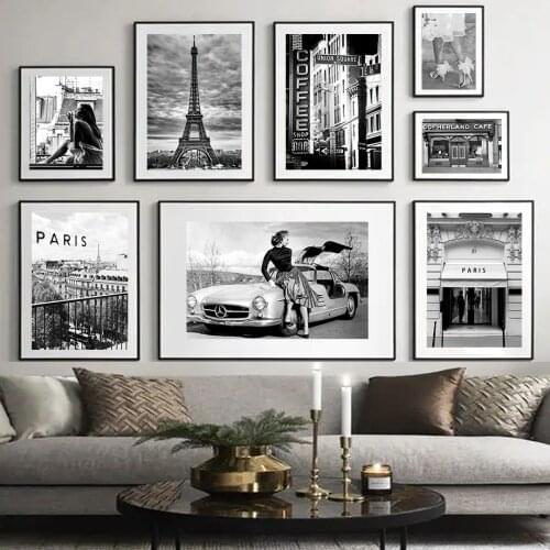 Paris Tower Black White Street View Woman Wall Art Canvas Painting Nordic Posters And Prints Wall Pictures For Living Room Decor