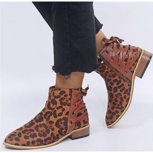 2021 autumn and winter new suede leopard print ankle boots low heel side zipper large size casual womens shoes motorcycle boots